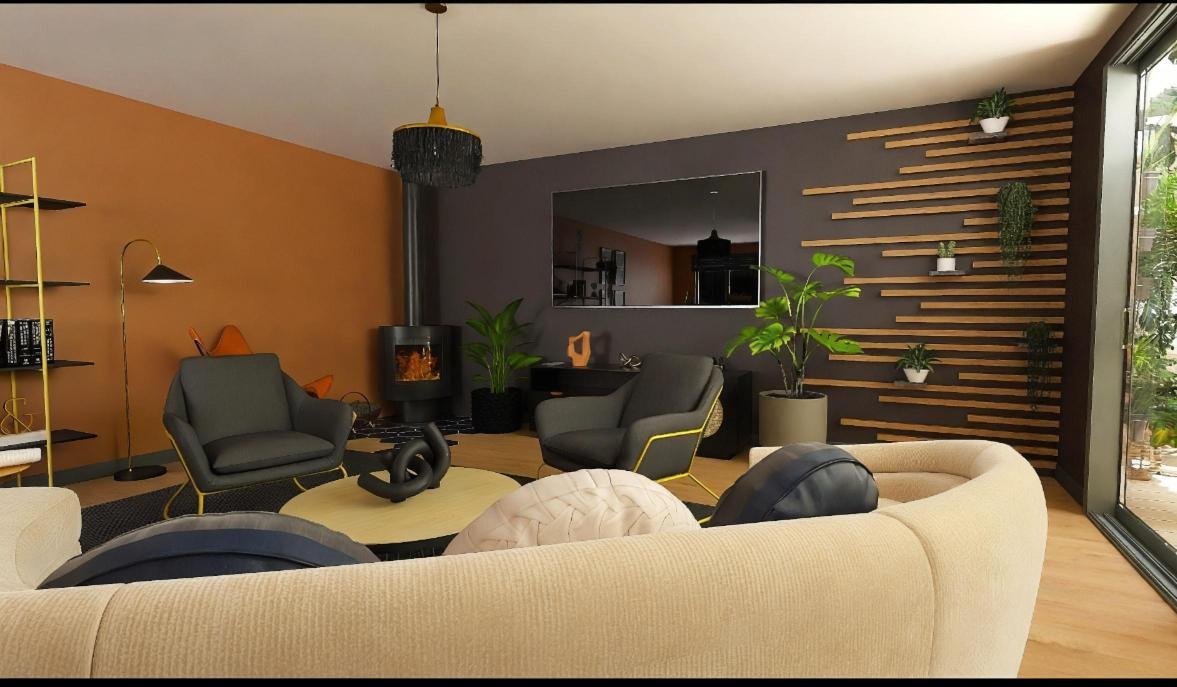 Pièce de vie · Projet concept — vue côté cheminée & TV — après